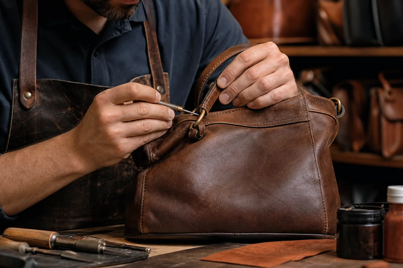 Sapateiro reformando bolsa de couro em Pouso Alegre.
